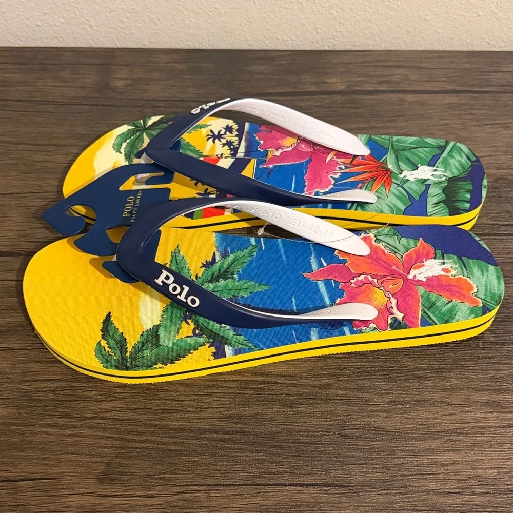 Polo Ralph Lauren Men’s BOLT Tropical Aloha Print Flip Flops Shoes - Picture 4 of 6